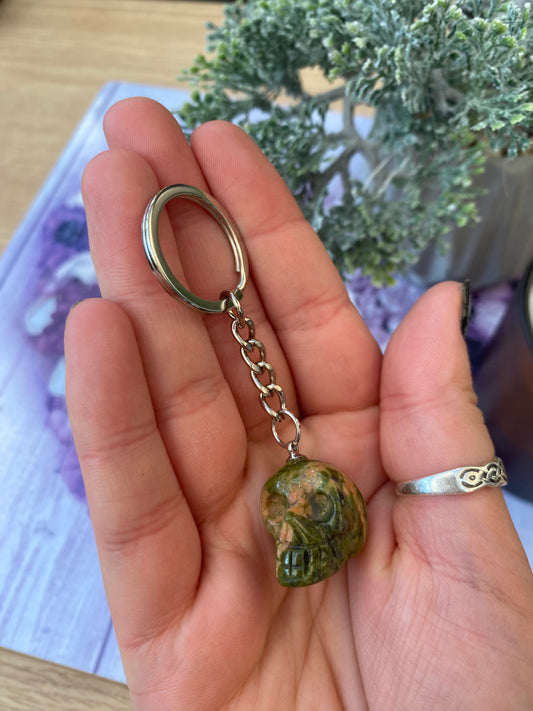 Unakite Skull Keyring