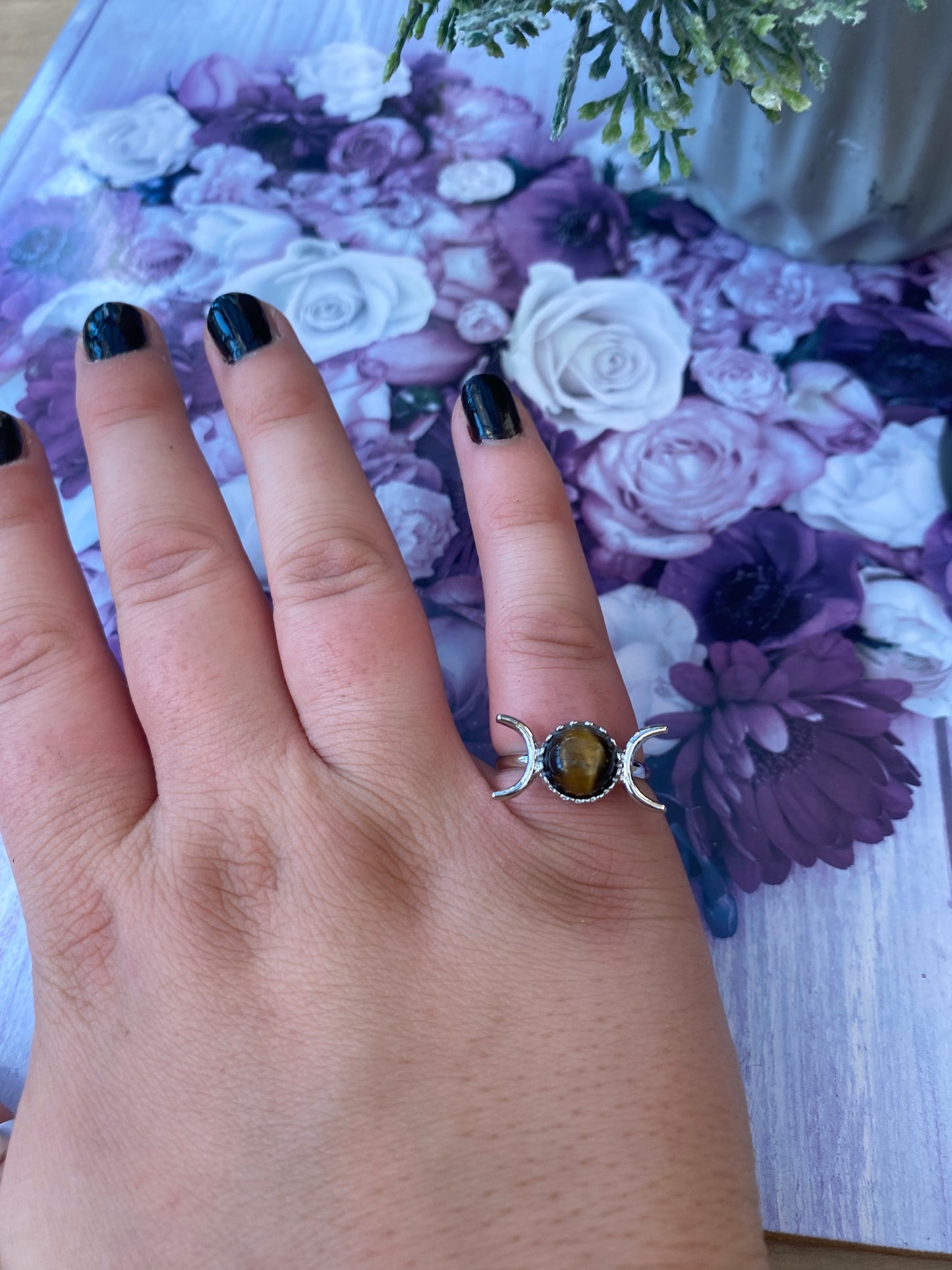 Golden Tiger’s Eye Triple Moon Adjustable Ring