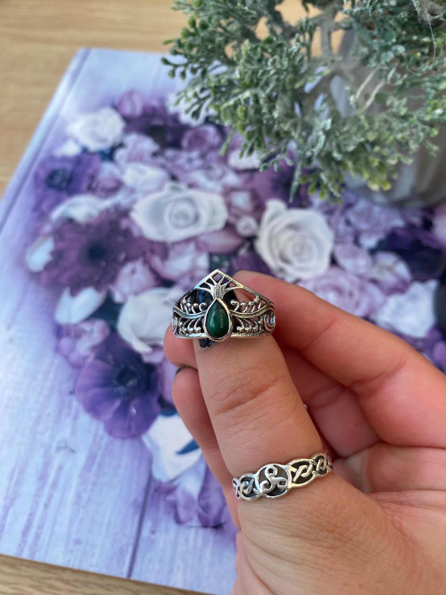 Malachite Teardrop Tiara Silver Plated Adjustable Ring