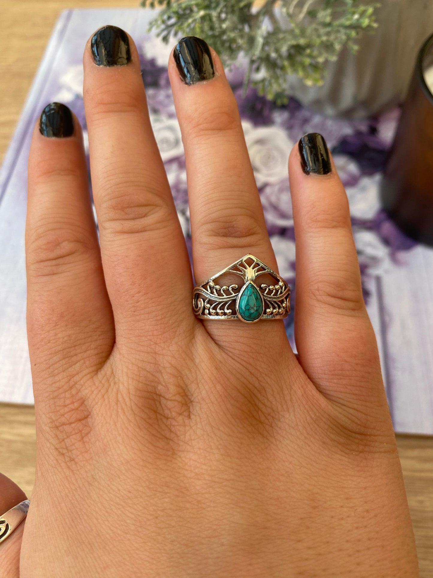 Turquoise Teardrop Tiara Silver Plated Adjustable Ring