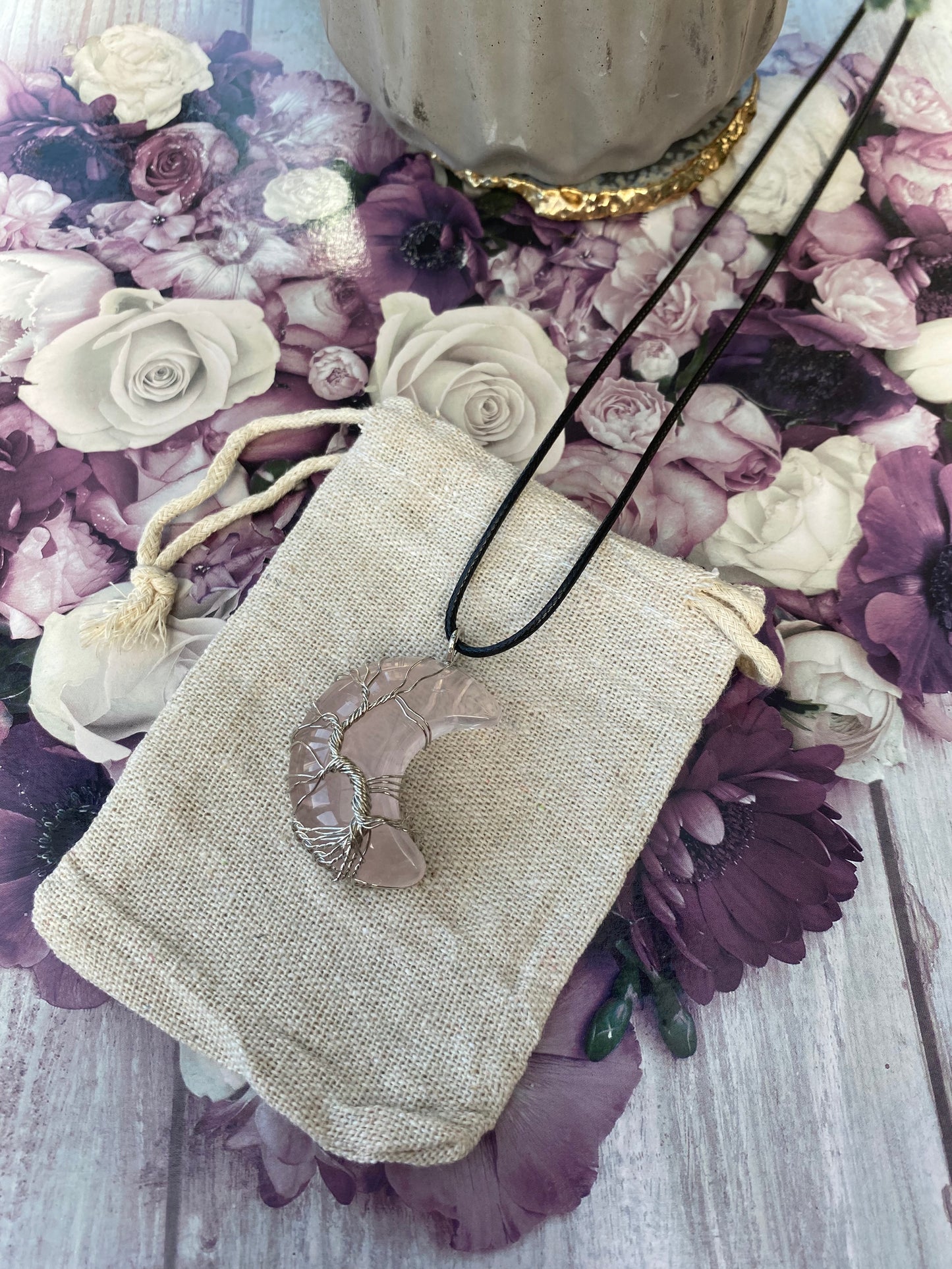 Rose Quartz Tree of Life Moon Pendant Necklace