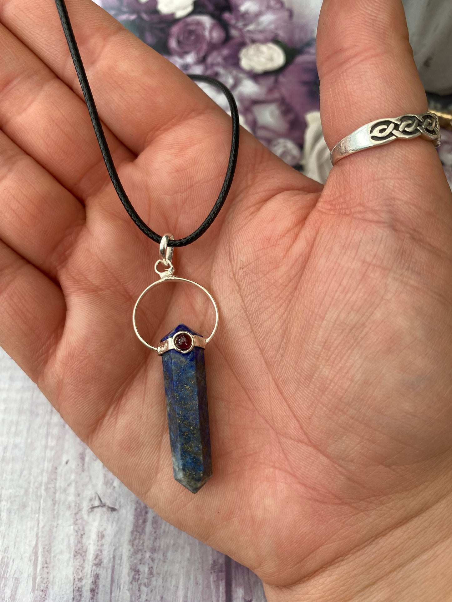 Lapis Lazuli Point Pendant with Garnet