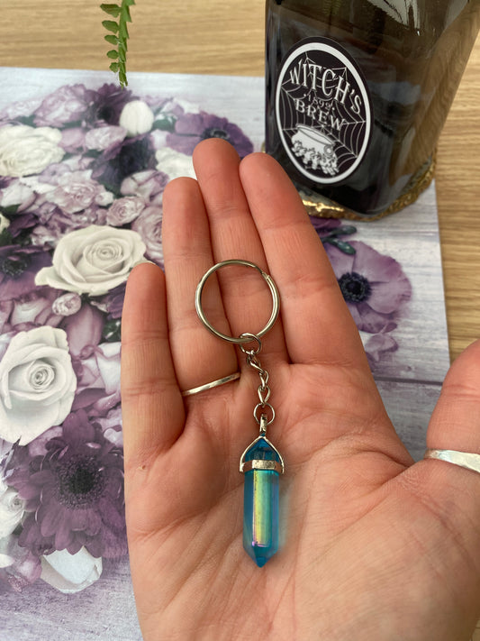 Aqua Aura Quartz Crystal Point Keyring