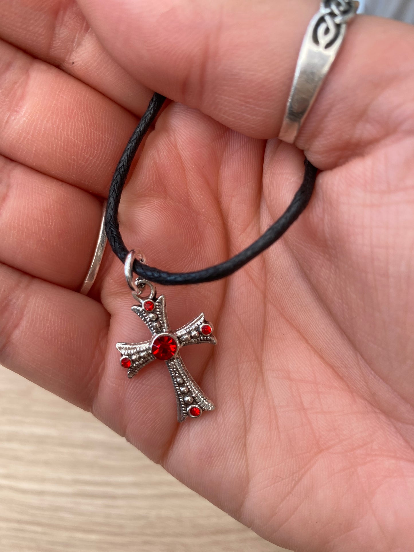 Gothic Crucifix with Red Stone Charm Necklace