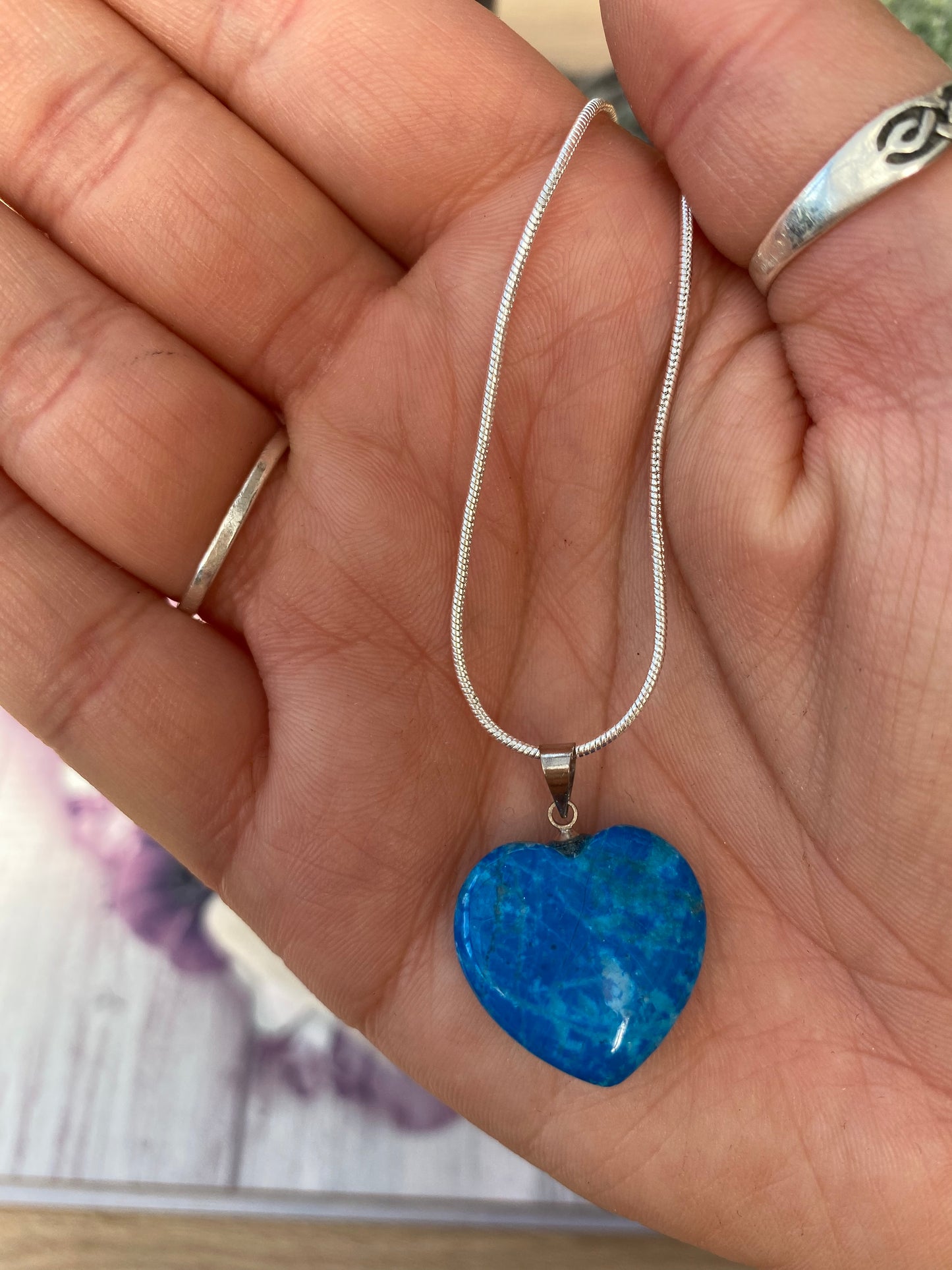 Blue Banded Agate Heart Pendant with Silver Plated Chain