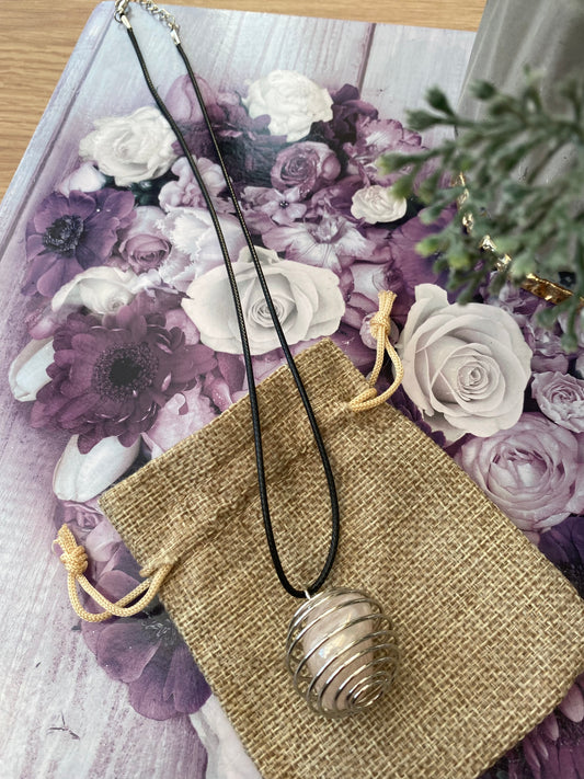 Rose Aura Quartz Spiral Cage Pendant Necklace