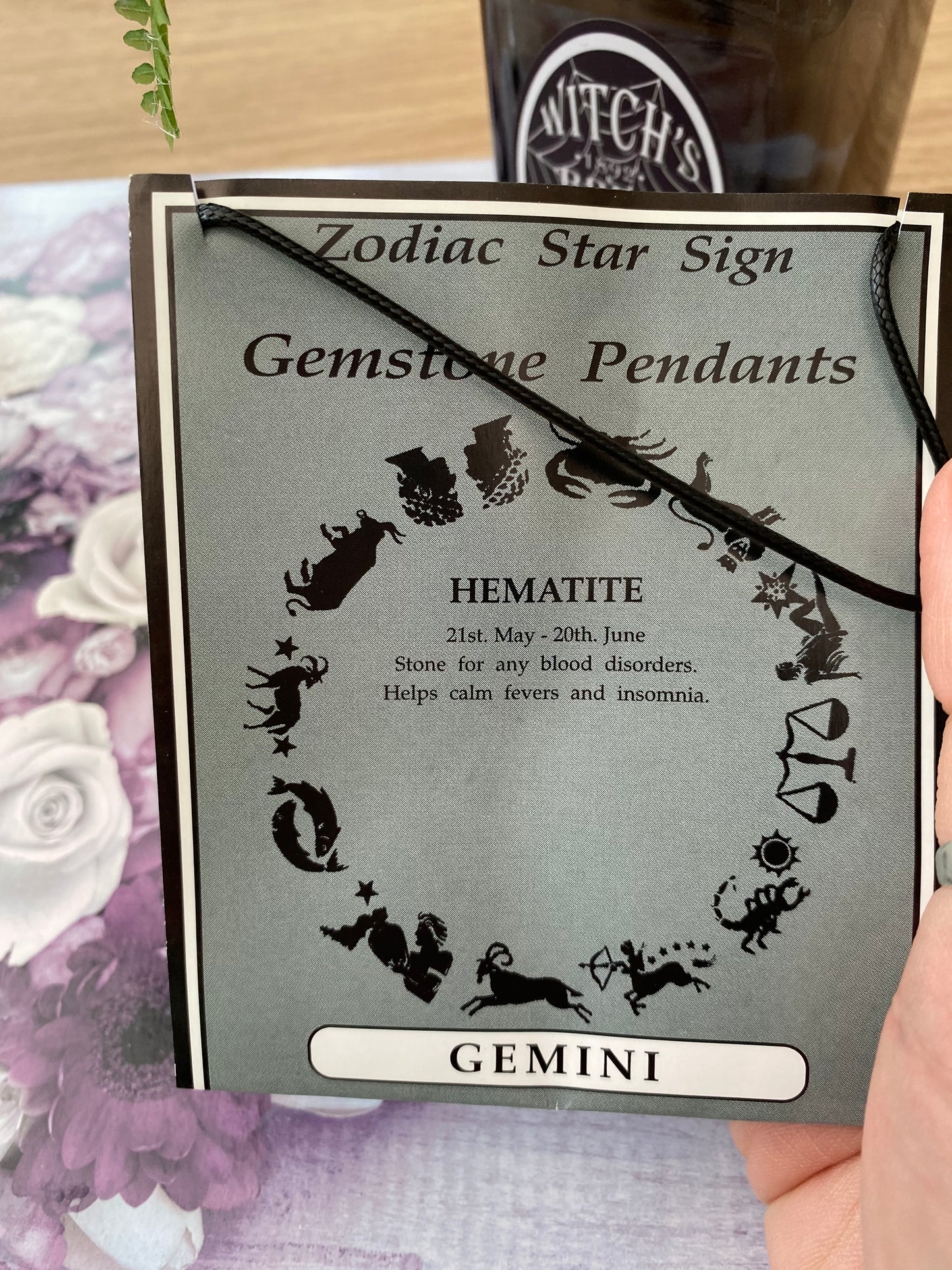 Gemini Zodiac Sign Hematite Crystal Pendant Necklace