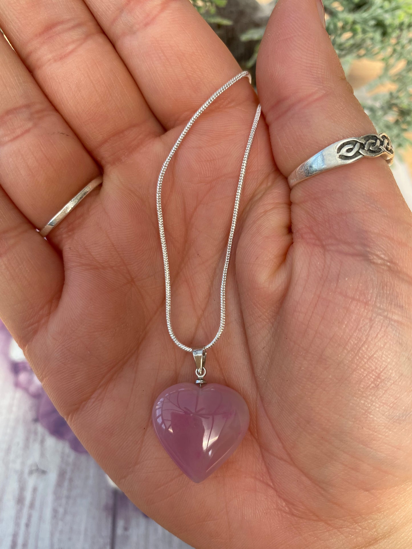 Pink Banded Agate Heart Pendant with Silver Plated Chain