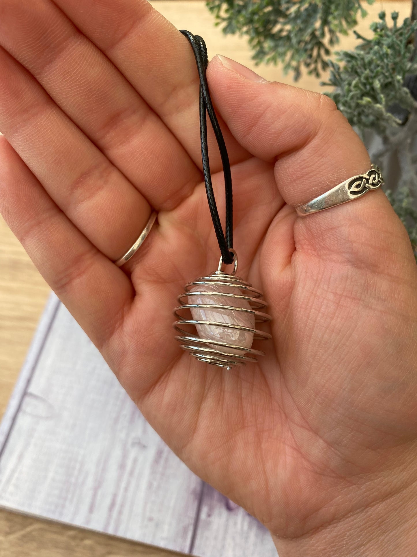 Rose Aura Quartz Spiral Cage Pendant Necklace