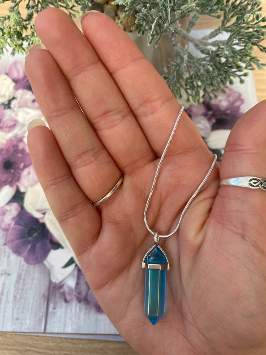 Aqua Aura Quartz Point Pendant Necklace with Silver Chain