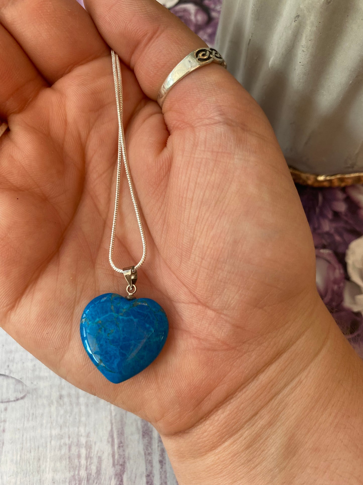 Blue Howlite Heart Pendant with Silver Plated Chain