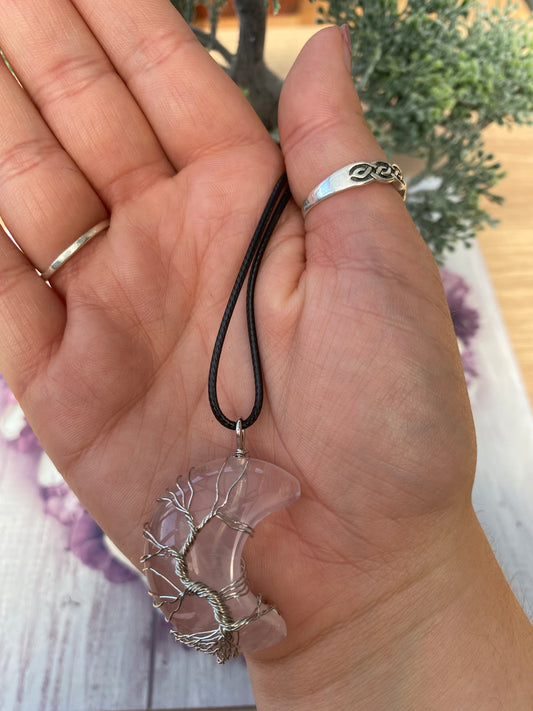 Rose Quartz Tree of Life Moon Pendant Necklace