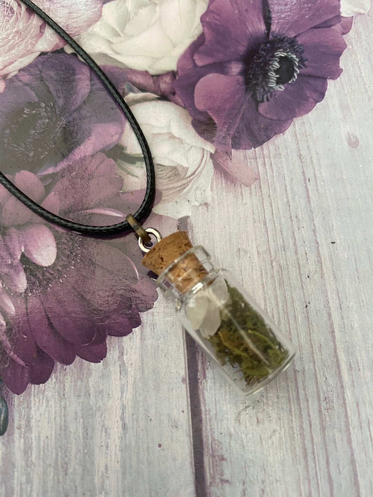 Clear Quartz and Moss Crystal Jar Pendant Necklace