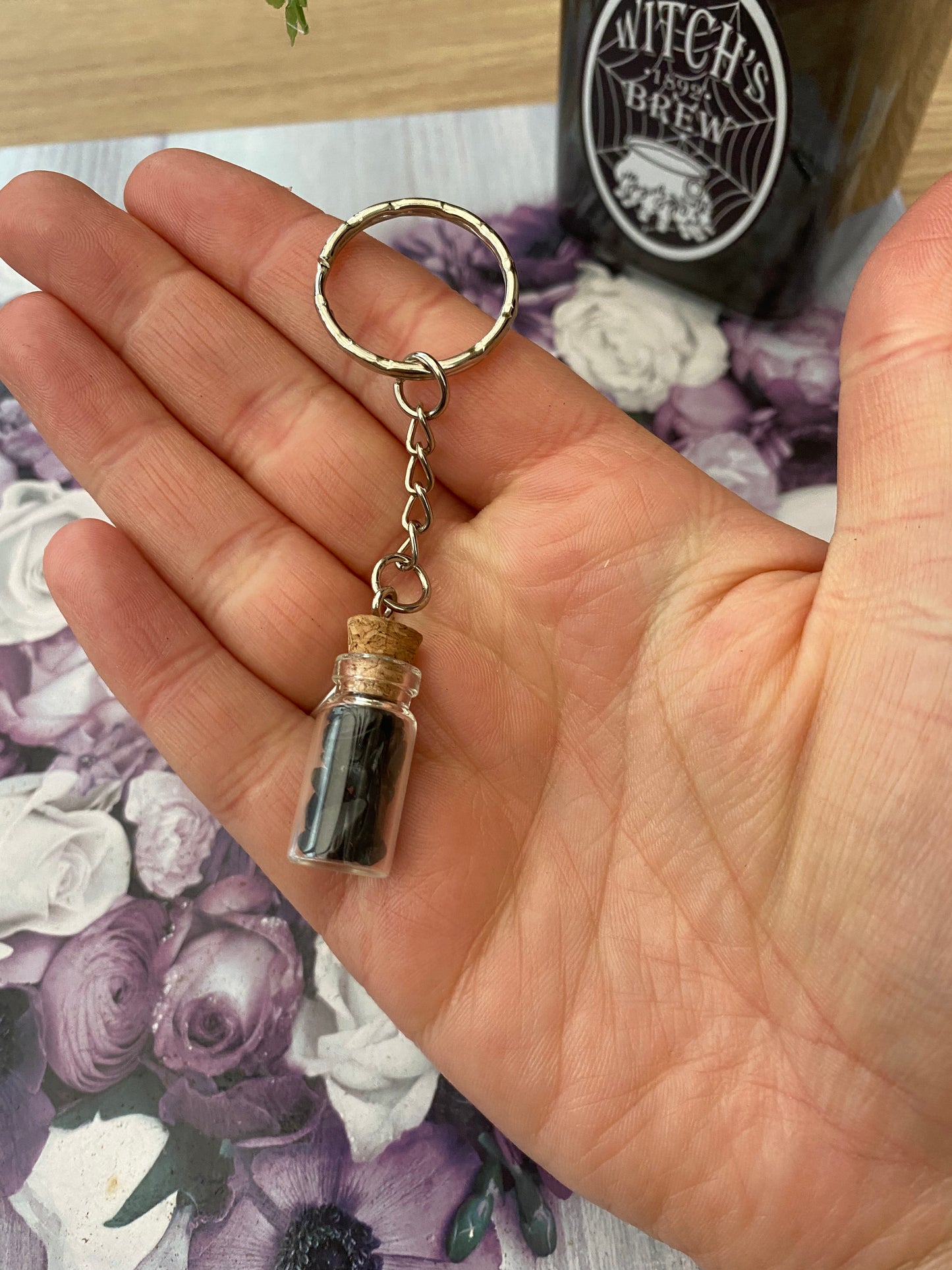 Black Tourmaline Crystal Jar Keyring