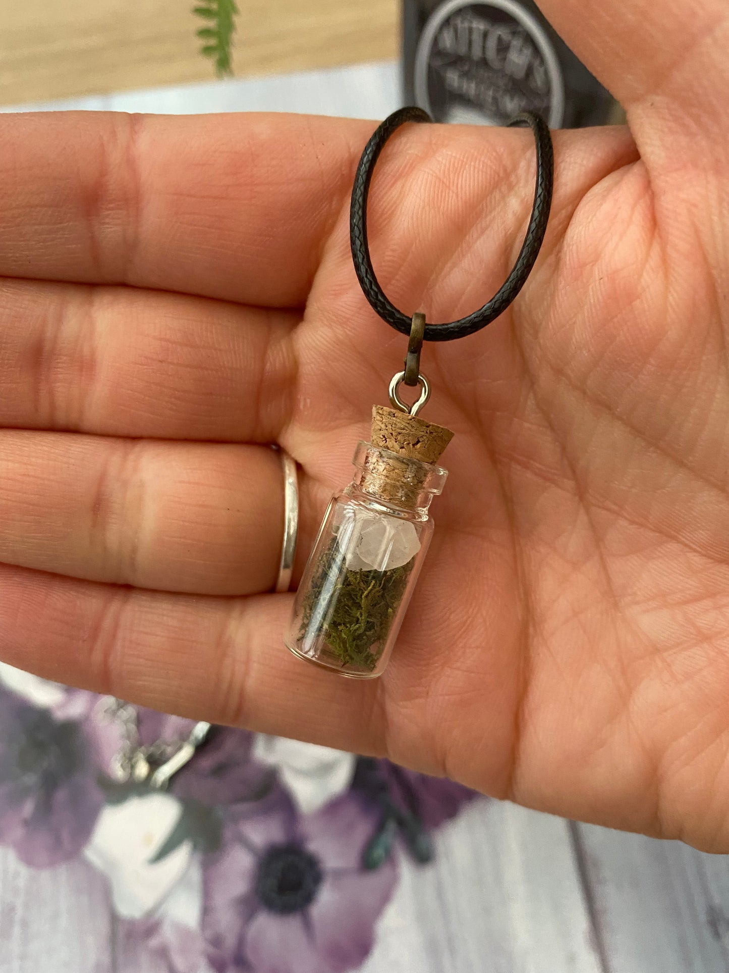 Clear Quartz and Moss Crystal Jar Pendant Necklace