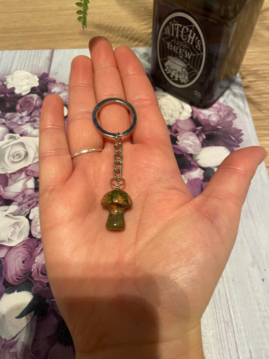 Unakite Crystal Mushroom Keyring